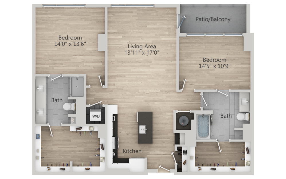 B9.1T - 2 bedroom floor plan layout with 2 bathrooms and 1328 square feet