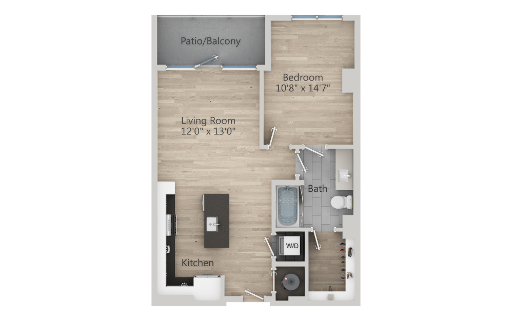 A2T - 1 bedroom floor plan layout with 1 bathroom and 630 square feet